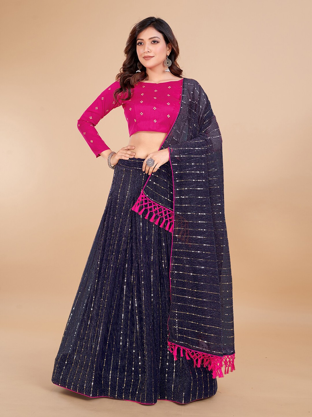 

KALINI Embellished Sequinned Ready to Wear Lehenga & Unstitched Blouse With Dupatta, Blue