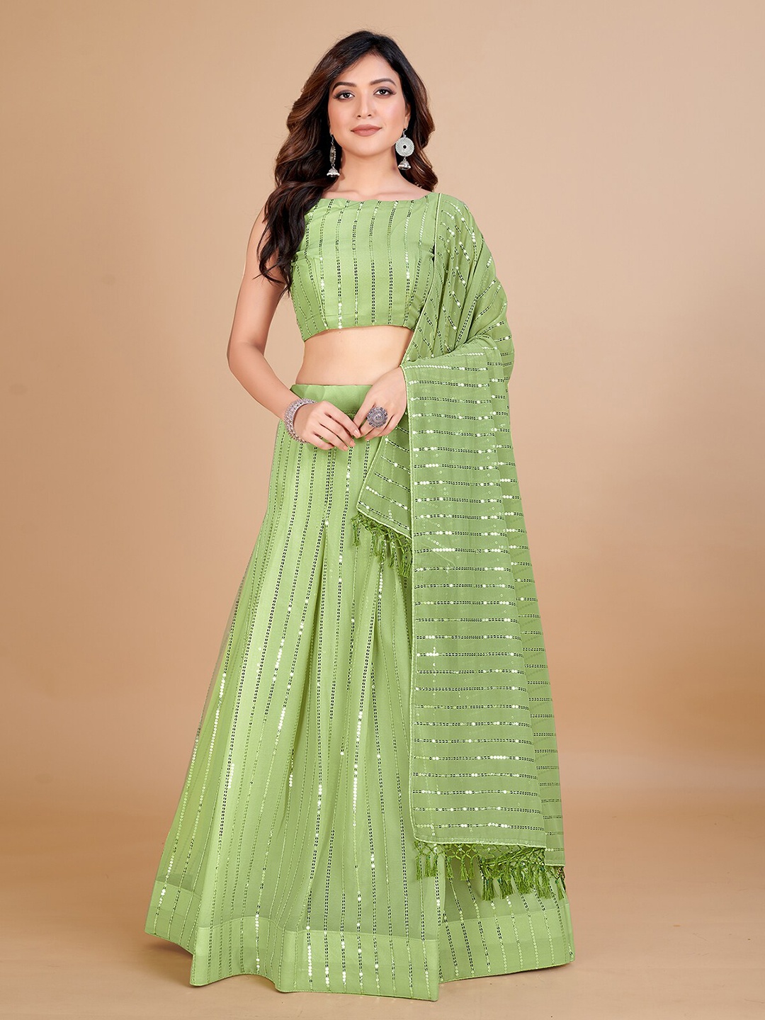 

KALINI Sequined Ready to Wear Lehenga & Unstitched Blouse With Dupatta, Green