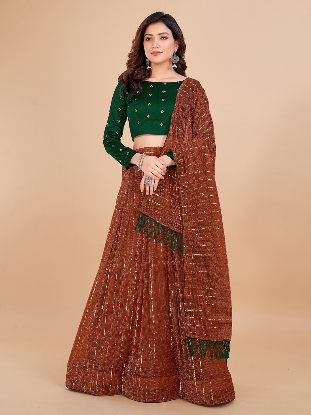 

KALINI Embellished Ready to Wear Lehenga & Unstitched Blouse With Dupatta, Orange