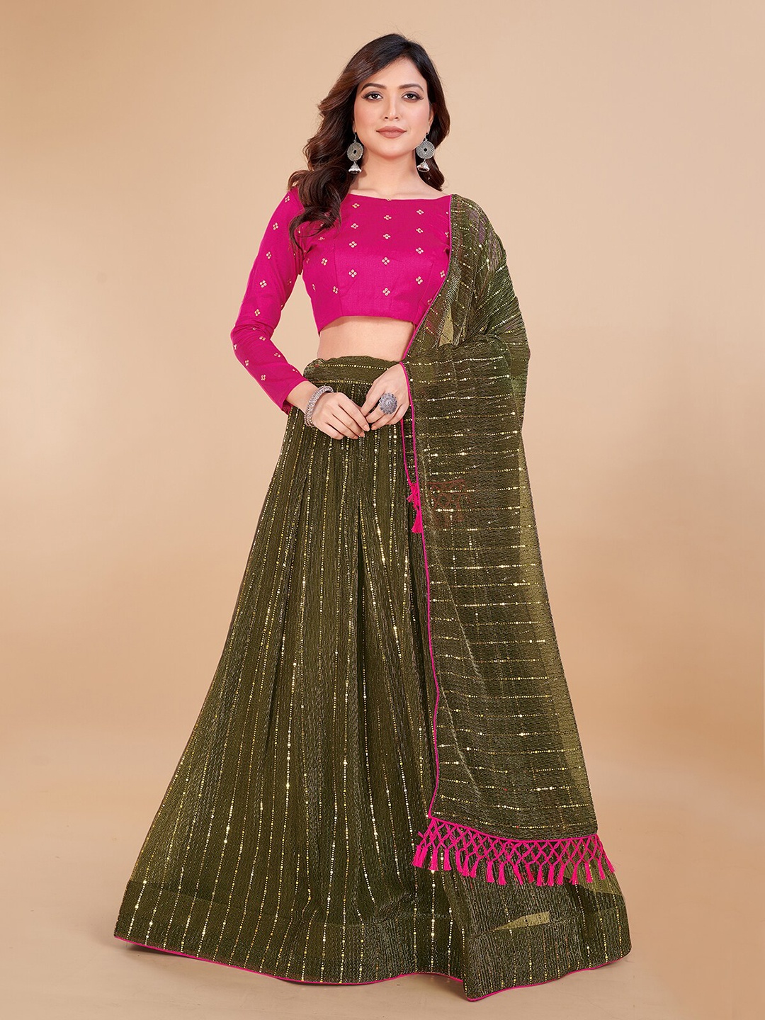 

KALINI Embellished Sequinned Ready to Wear Lehenga & Unstitched Blouse With Dupatta, Olive