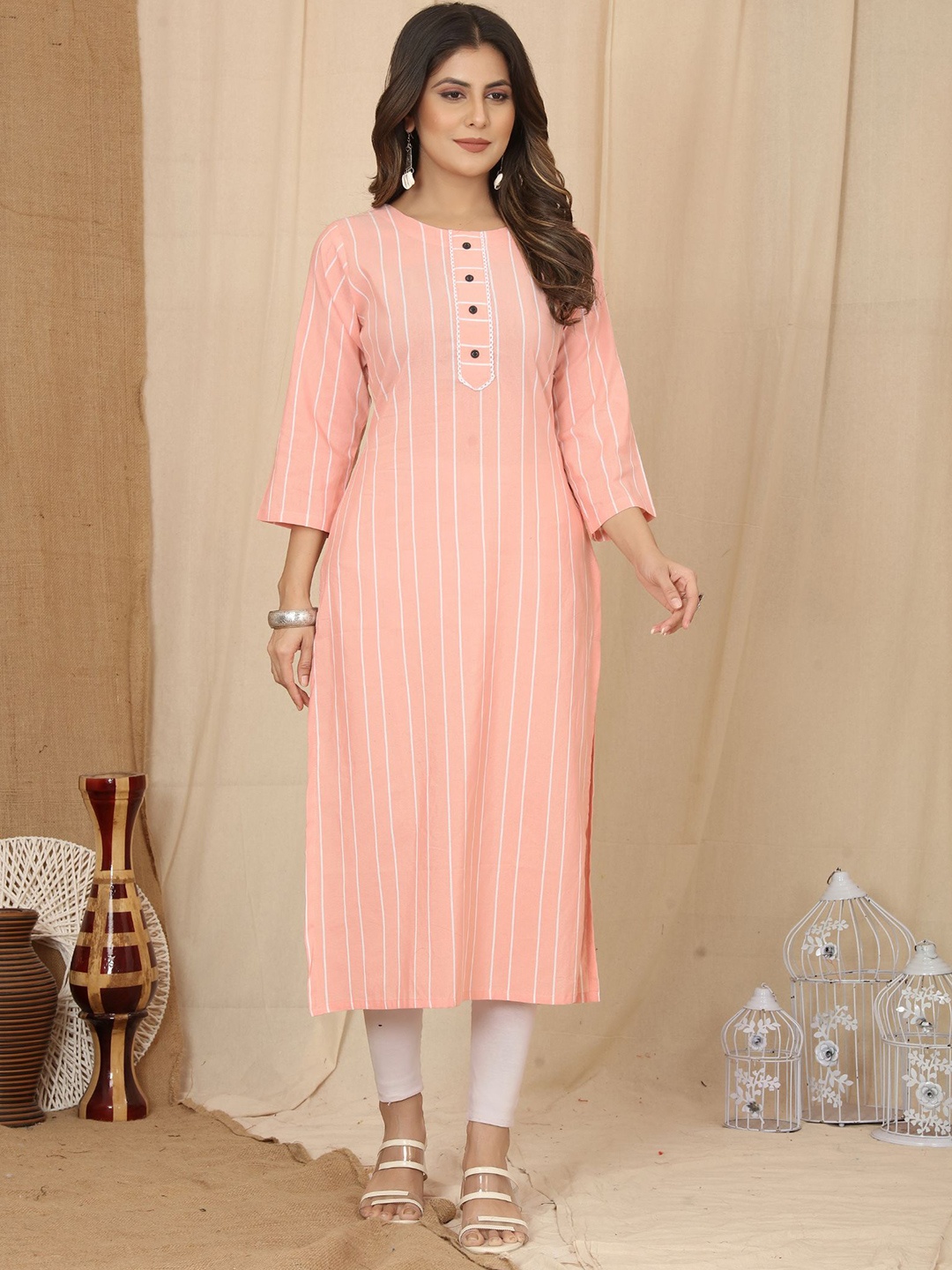 

PREMROOP- THE STYLE YOU LOVE Striped Cotton Straight Kurta, Peach