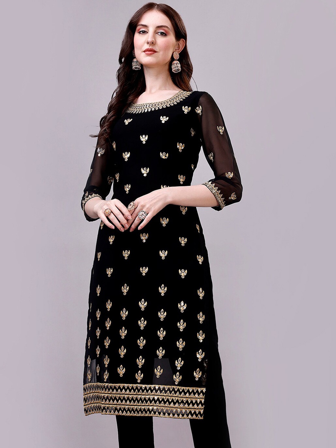 

GORGONE Ethnic Motif Embroidered Round Neck Georgette Straight Kurta, Black