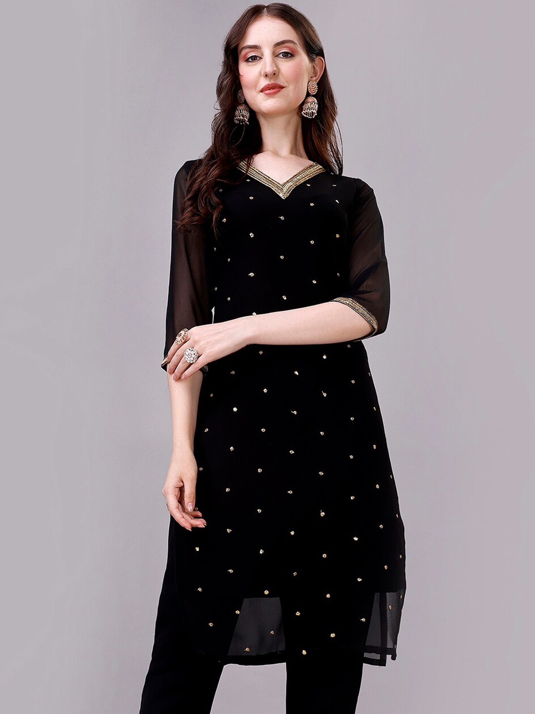 

GORGONE Georgette Sequence Embroidery Kurta, Black