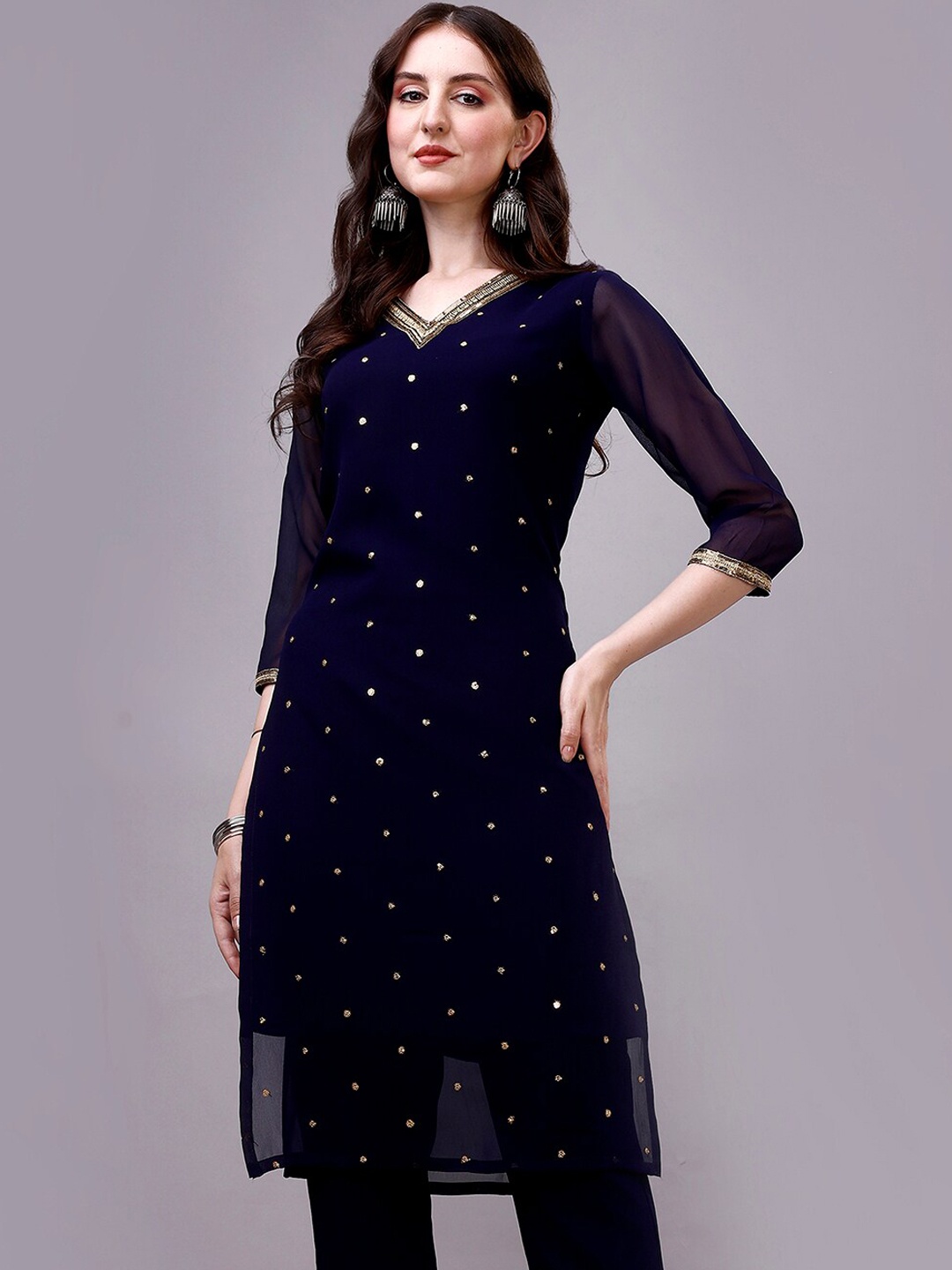 

GORGONE Ethnic Motifs Embroidered V-Neck Gotta Patti Georgette Kurta, Blue