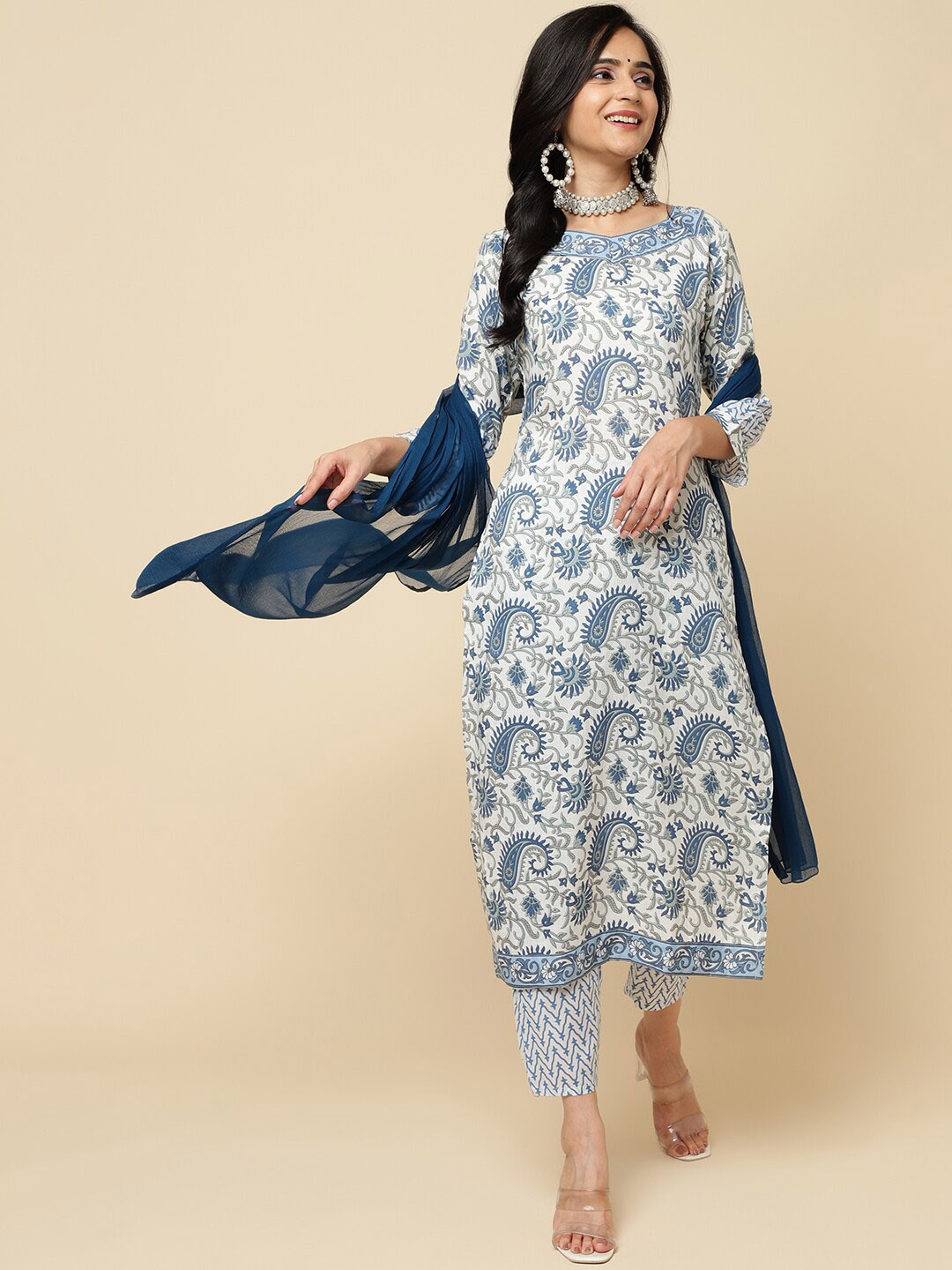 

Royal Export Paisley Printed Straight Kurta & Trousers With Dupatta, White