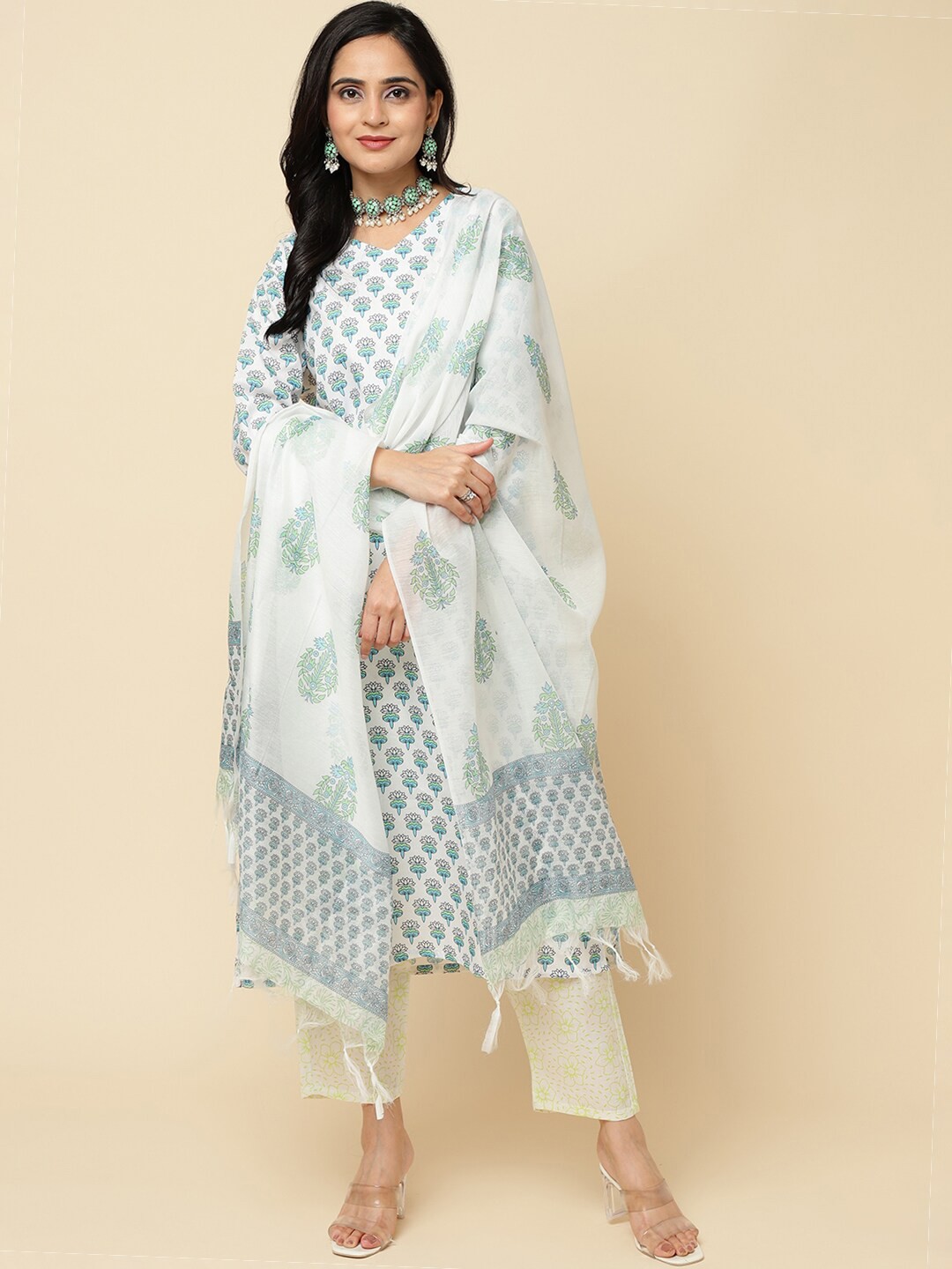 

Royal Export Ethnic Motifs Printed V-Neck Straight Kurta & Trousers With Dupatta, White