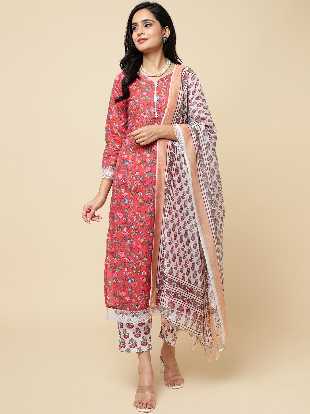 

Royal Export Floral Printed Straight Kurta & Trousers With Dupatta, Red