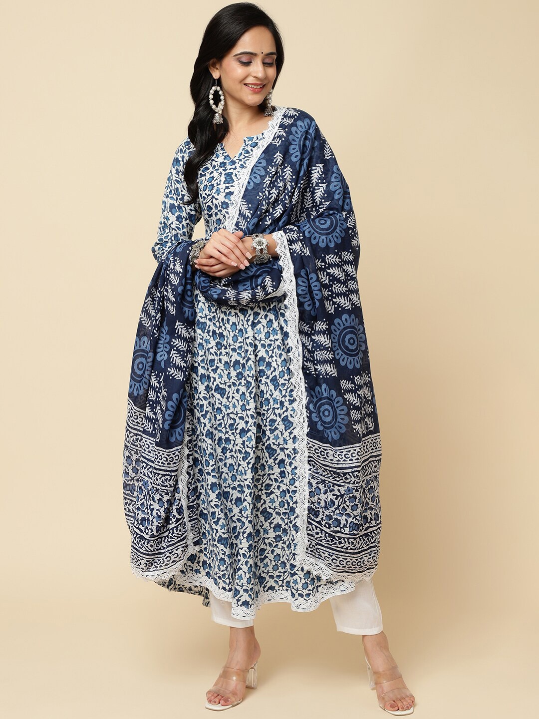 

Royal Export Floral Printed V-Neck Anarkali Kurta & Trousers With Dupatta, Blue