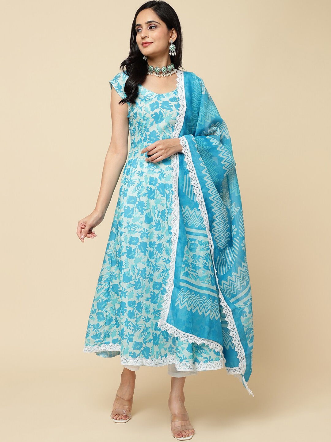 

Royal Export Floral Printed Anarkali Kurta & Trousers With Dupatta, Blue