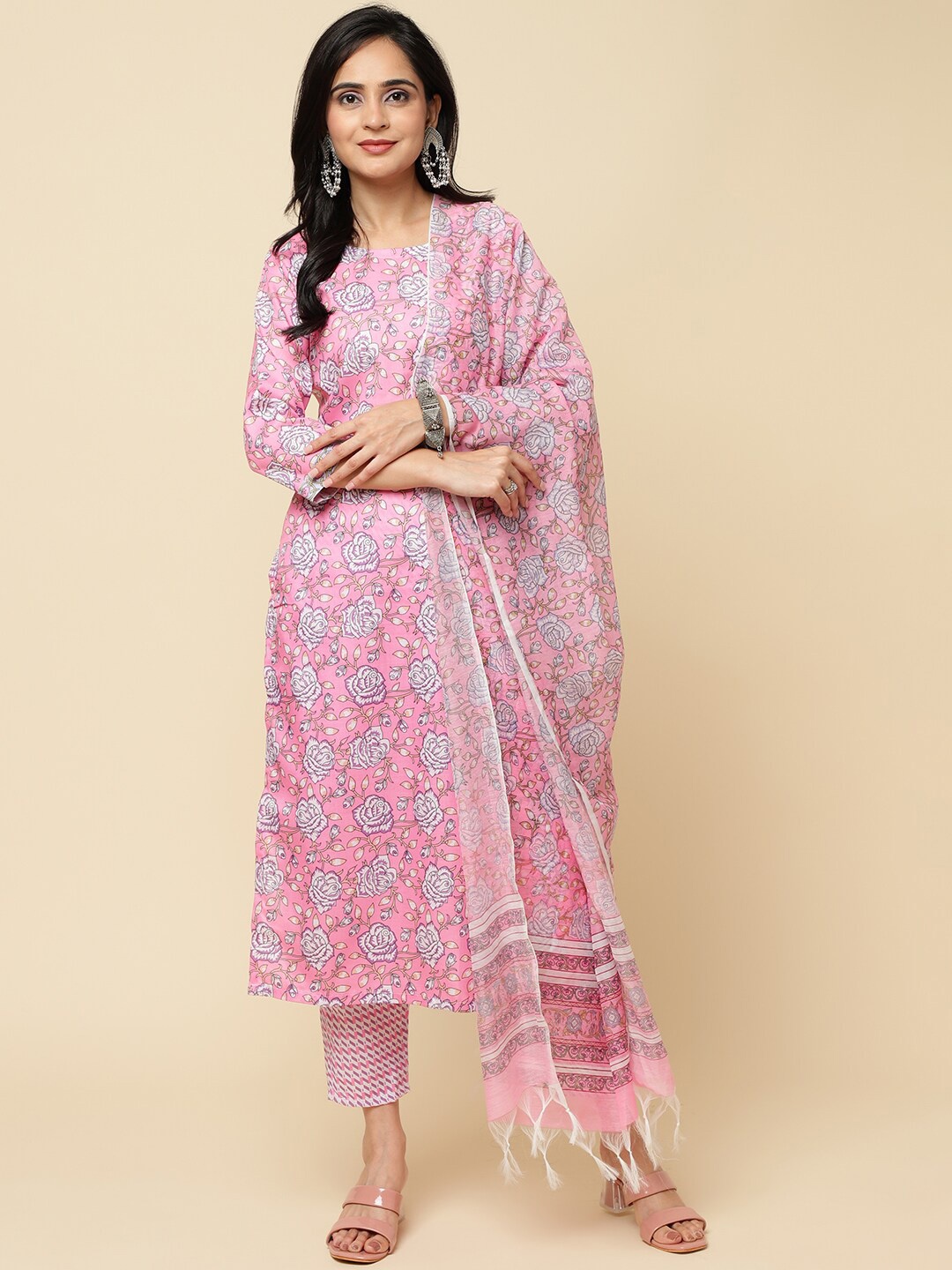 

Royal Export Floral Printed Straight Kurta & Trousers With Dupatta, Pink