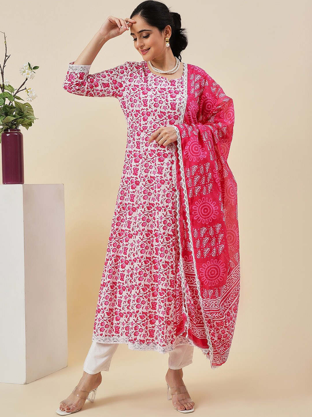 Royal Export Floral Printed Anarkali Kurta & Trousers With Dupatta, Pink