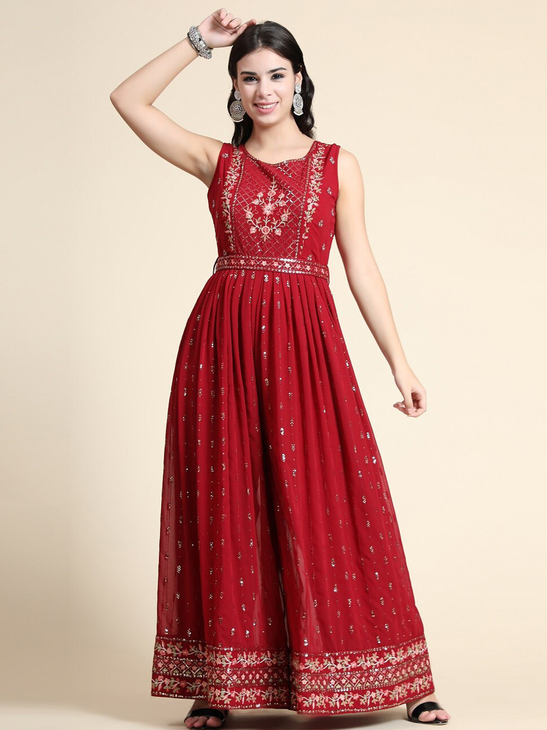 

BLACK SCISSOR Embellished Detailed Jumpsuit With Belt, Maroon