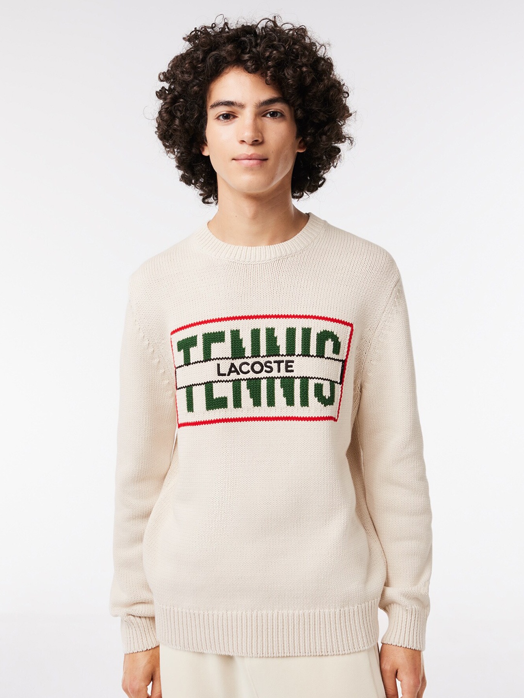 Lacoste Typography Printed Pullover Sweater, Off white