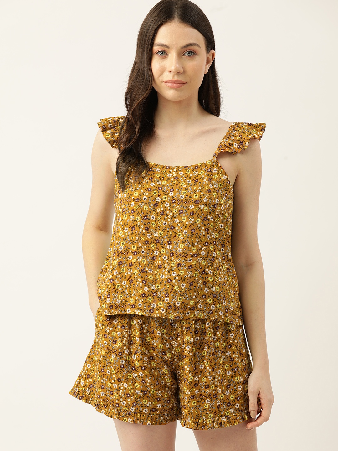 

ETC Floral Printed Night Suit, Mustard