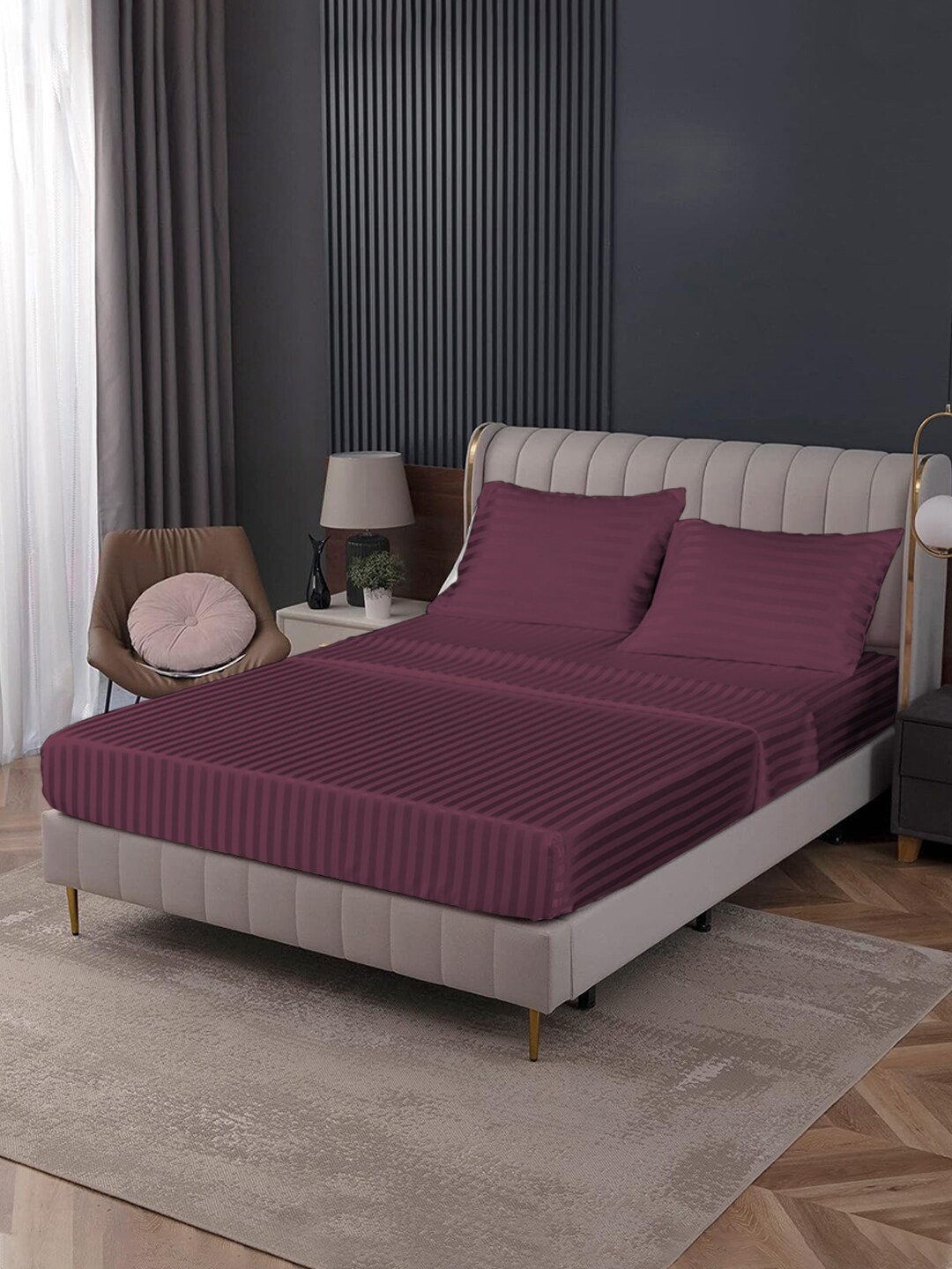 

Cloth Fusion Maroon Striped Cotton 144 TC Fitted King Bedsheet with 2 Pillow Covers