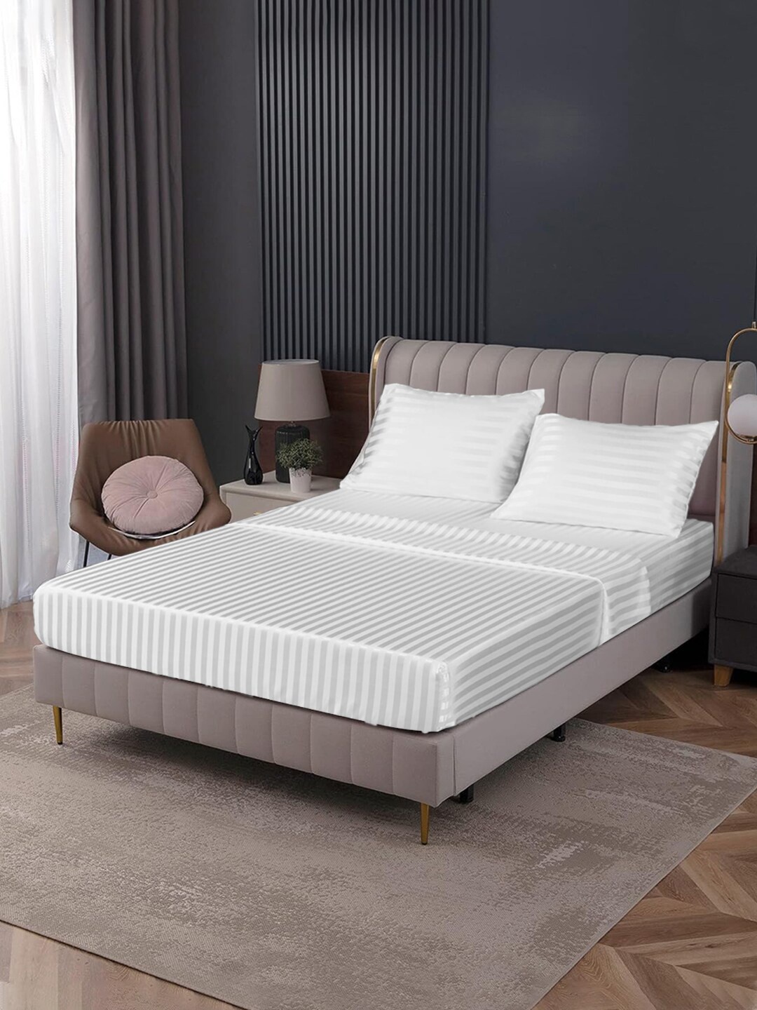 

Cloth Fusion White Striped Cotton 144 TC Fitted King Bedsheet with 2 Pillow Covers