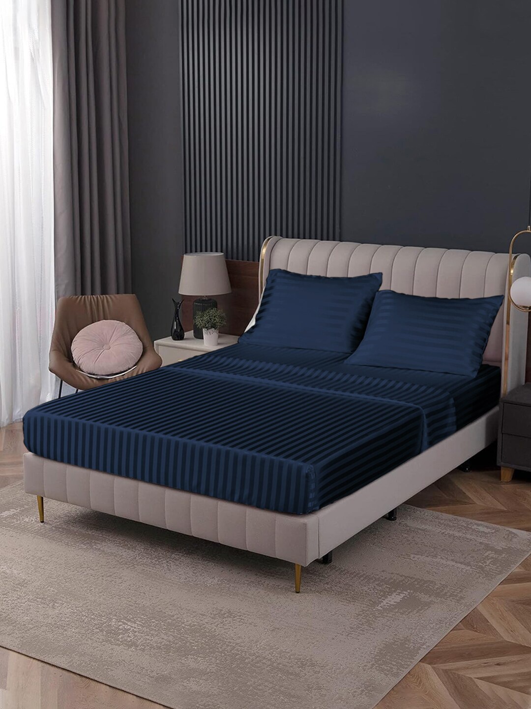 

Cloth Fusion Microcloud Navy Blue Striped Microfiber 144 TC Queen Bedsheet & Pillow Covers