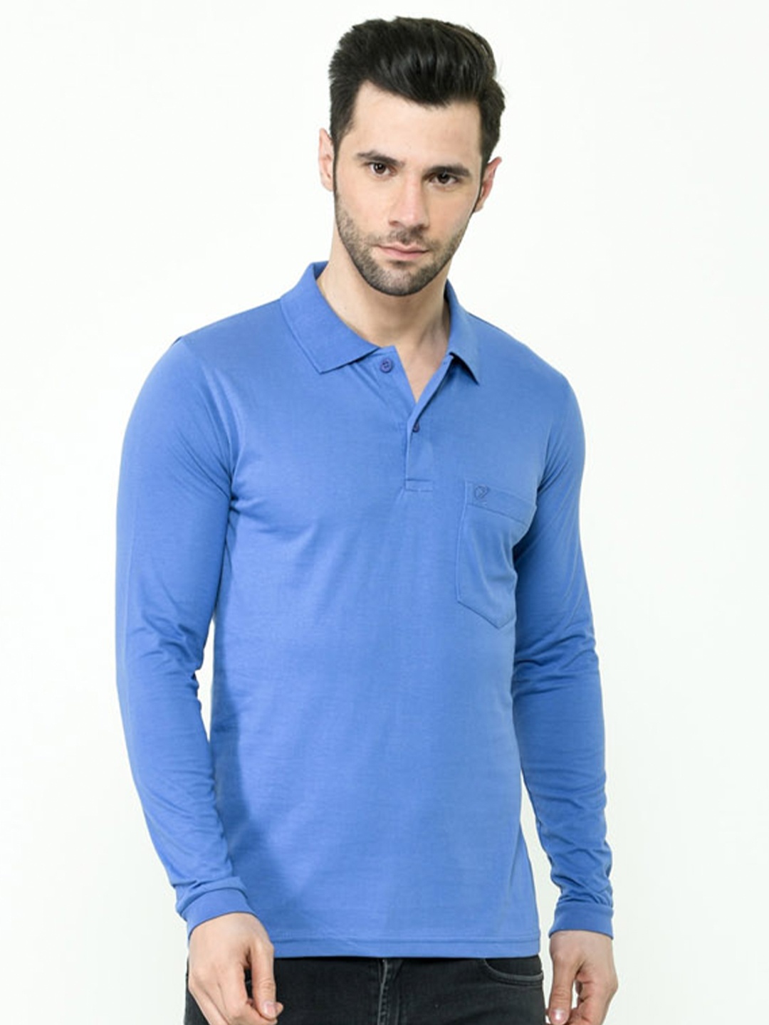 

Calizar Regular Fit Polo Collar Long Sleeve Cotton T-shirt, Blue