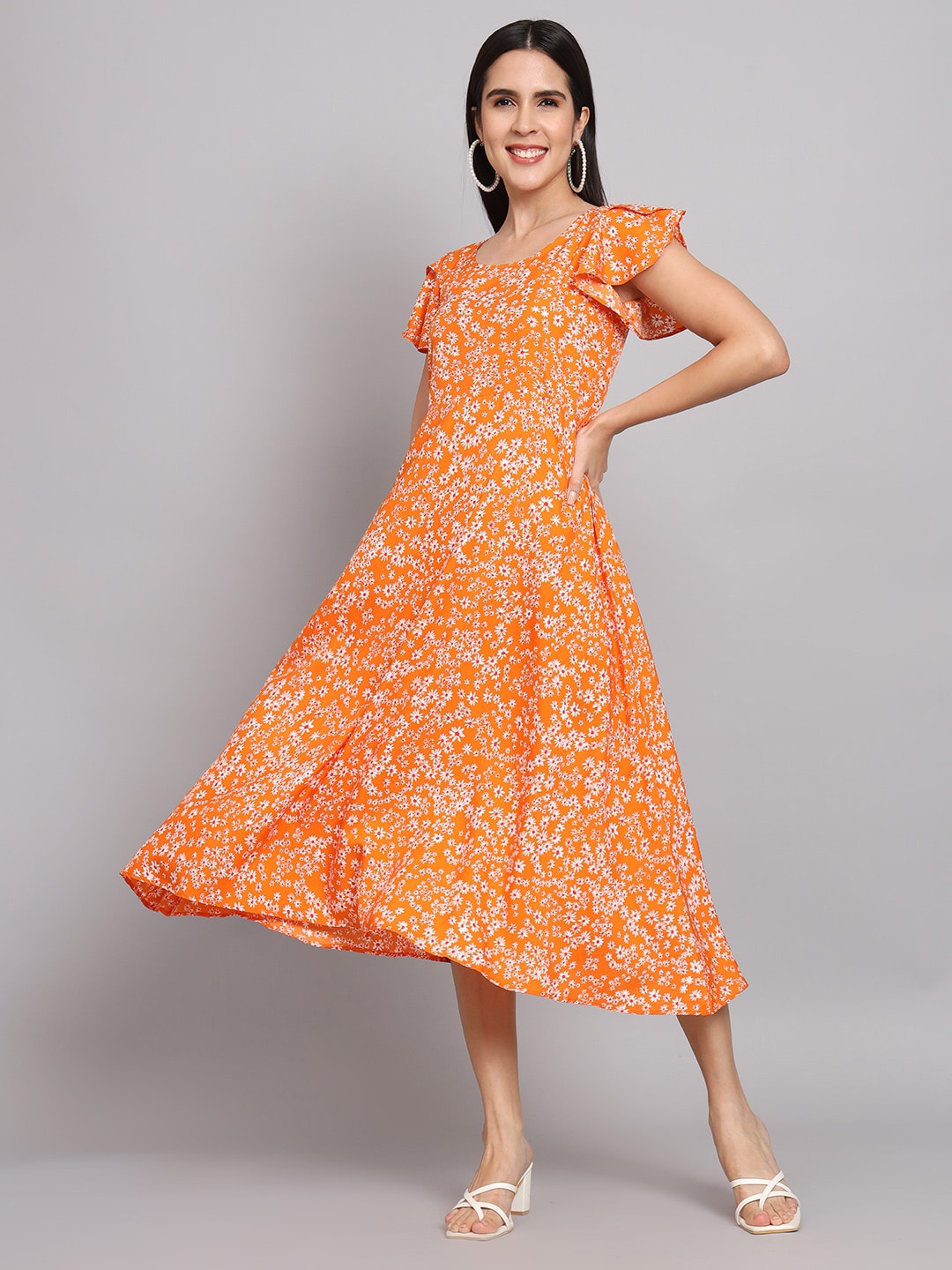 

Dream Beauty Fashion Floral Printed Flutter Sleeves A-Line Midi Dress, Orange