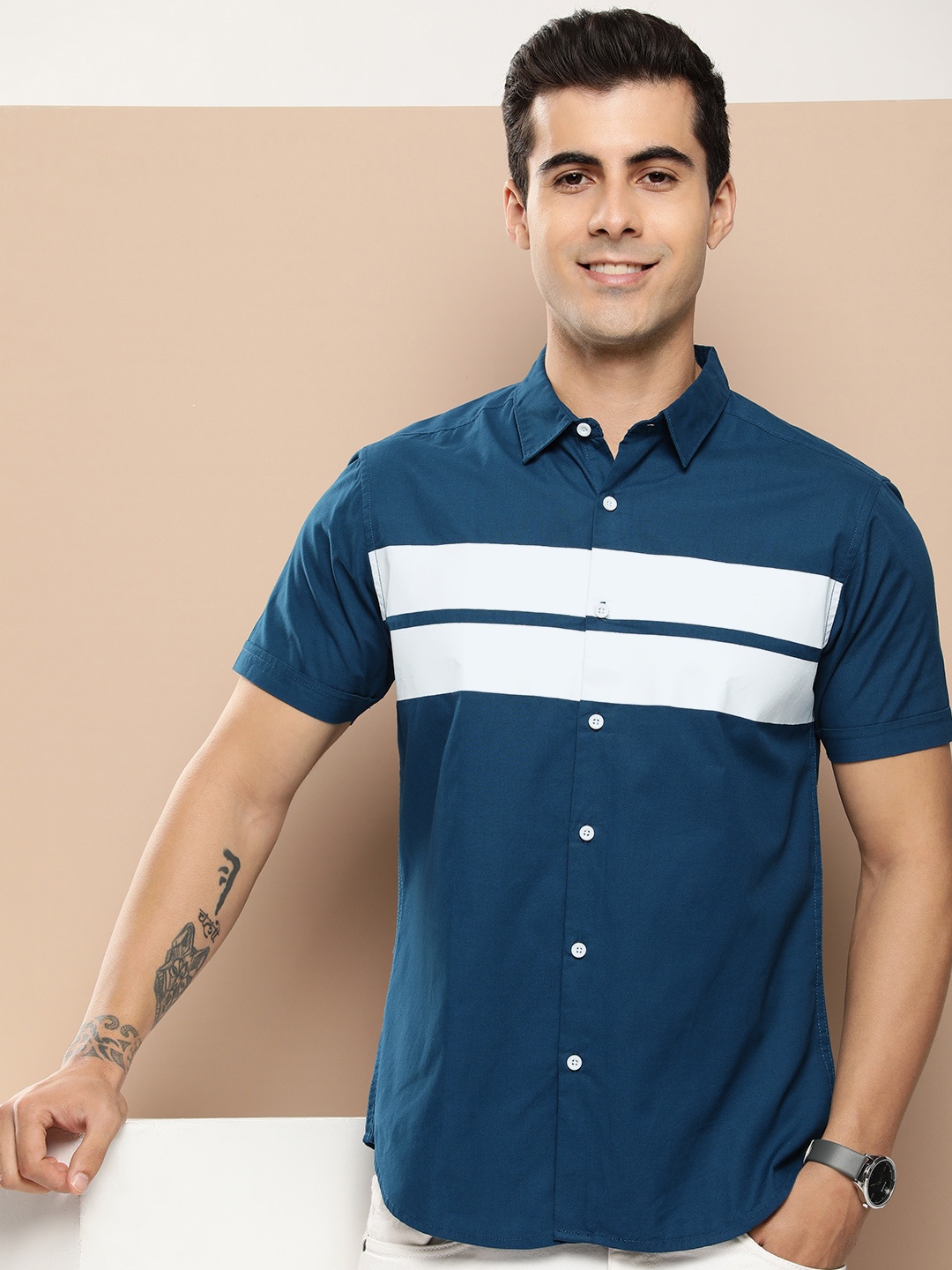 

HERE&NOW Men Slim Fit Horizontal Striped Casual Shirt, Navy blue