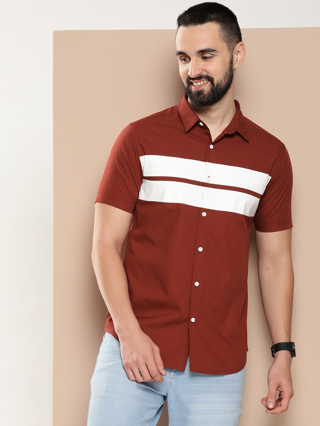 

HERE&NOW Men Slim Fit Horizontal Stripes Opaque Casual Shirt, Maroon