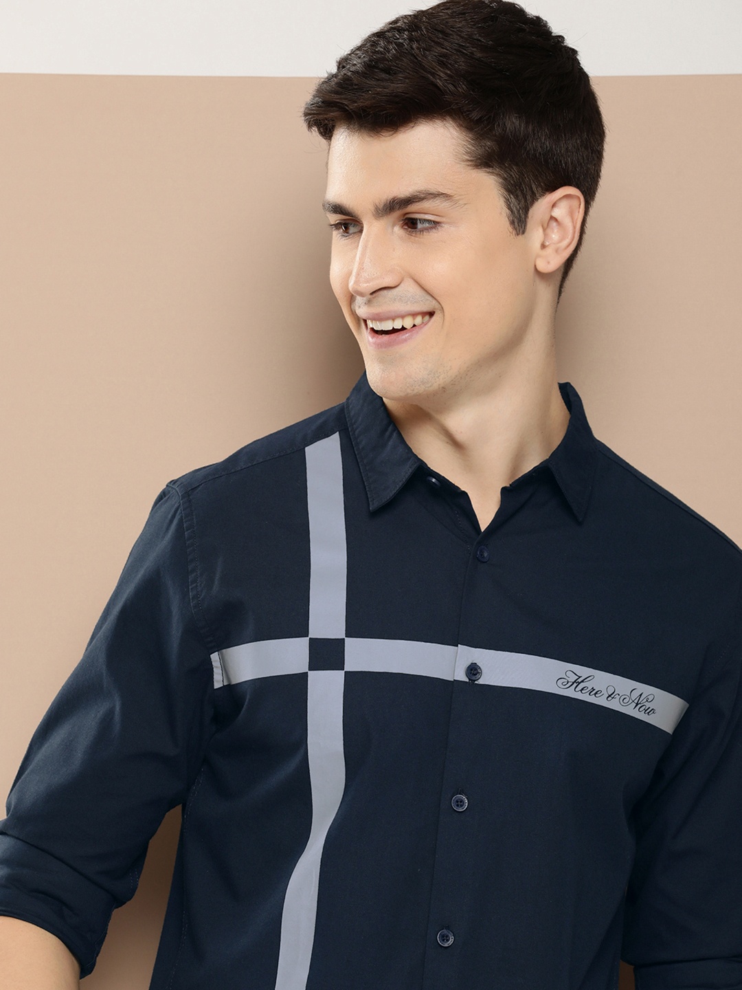 

HERE&NOW Men Slim Fit Opaque Printed Casual Shirt, Navy blue