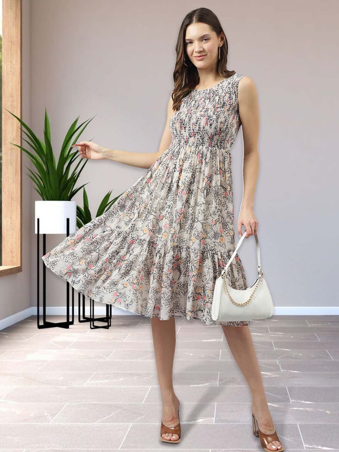 BAESD Floral Printed Round Smocked Georgette A-Line Midi Dress, Off white