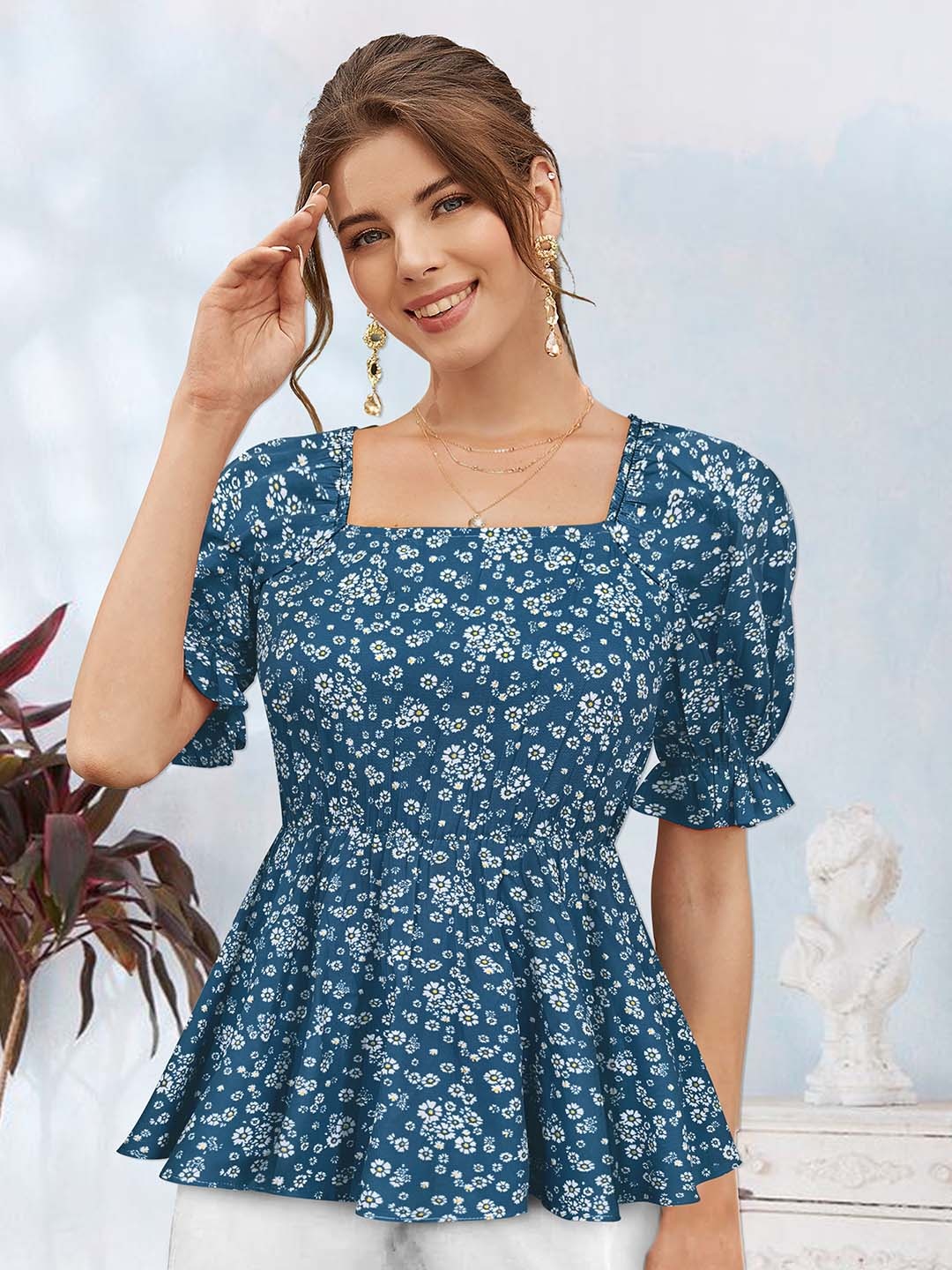 

BAESD Floral Printed Square Neck Puff Sleeve Peplum Top, Teal