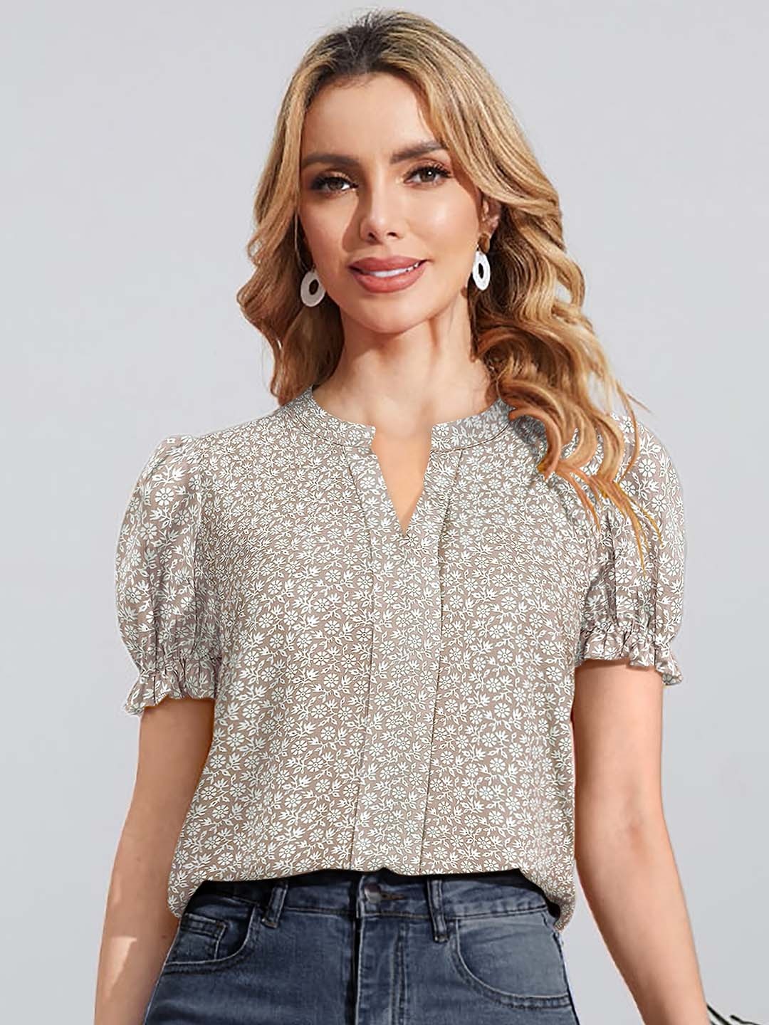 

BAESD Floral Printed Mandarin Collar Shirt Style Top, Beige