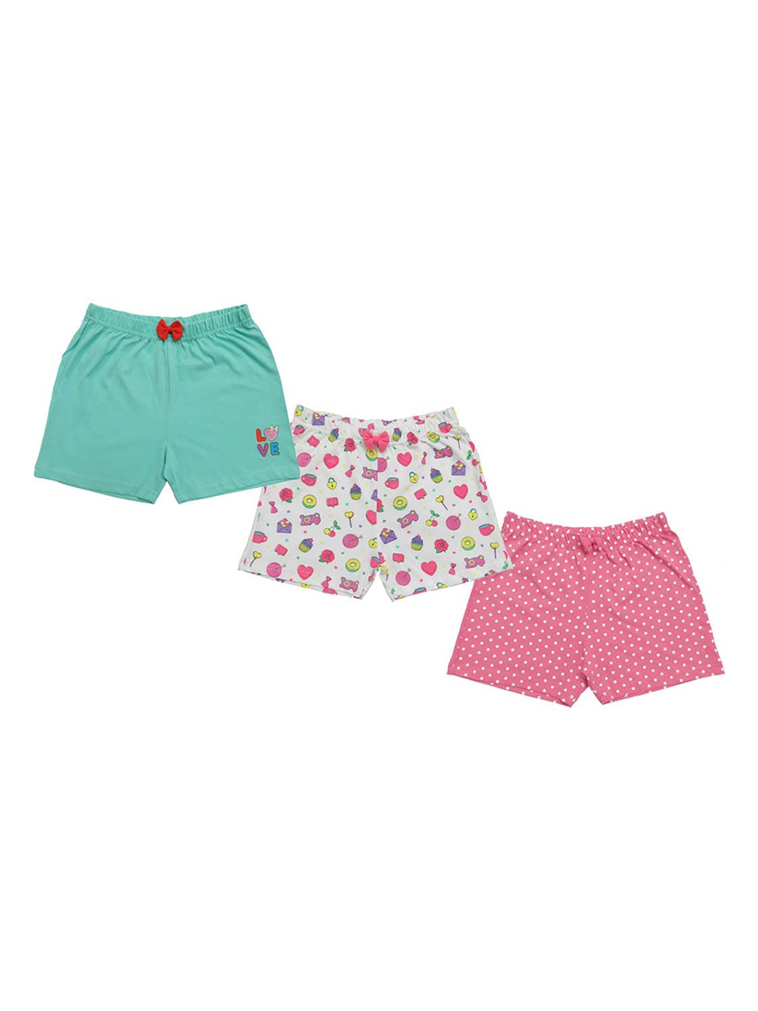 

Clothe Funn Girls Pack Of 3 Floral Printed Cotton Shorts, Sea green