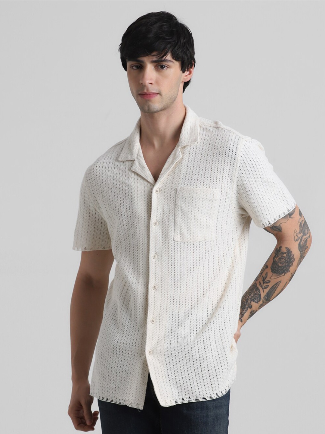 

Jack & Jones Self Design Cuban Collar Opaque Regular Fit Cotton Casual Shirt, Beige