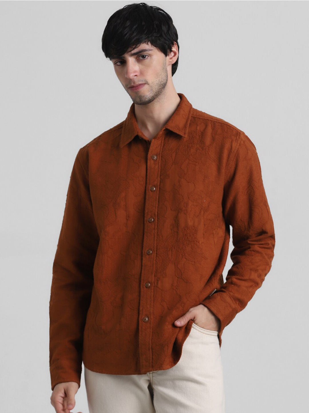 

Jack & Jones Embroidered Opaque Regular Fit Cotton Casual Shirt, Brown