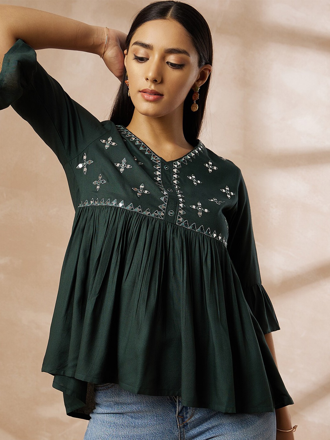 

all about you Floral Embroidered V-Neck Gathered Regular Top, Green