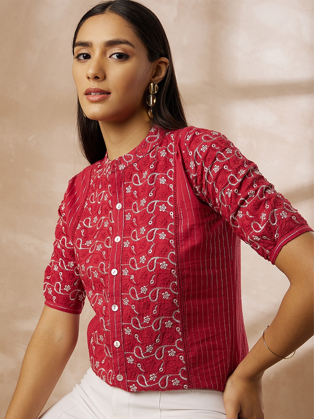 

all about you Floral Embroidered Mandarin Collar Cotton Shirt Style Top, Red