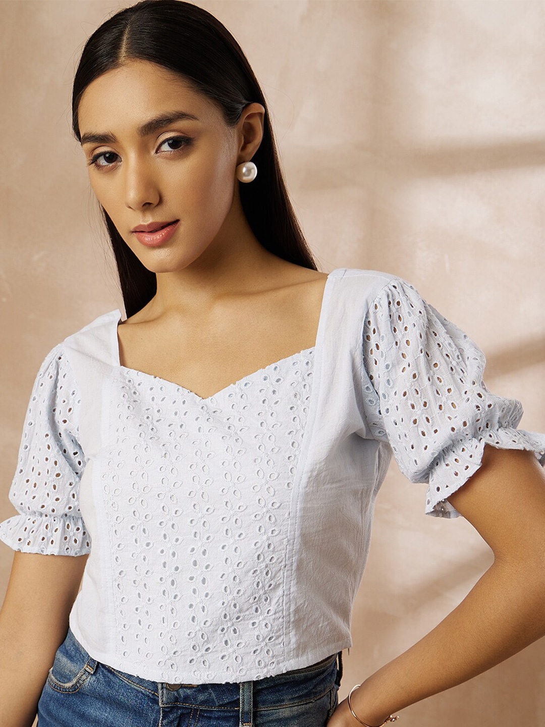 

all about you Self Design Sweetheart Neck Puff Sleeve Schiffli Cotton Crop Top, White
