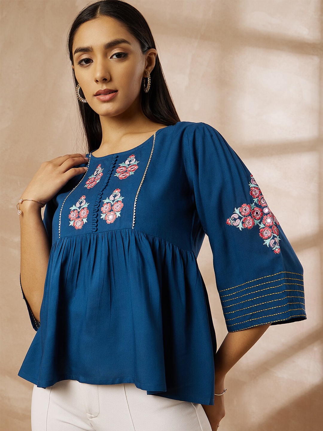 

all about you Floral Embroidered Cotton Empire Top, Teal