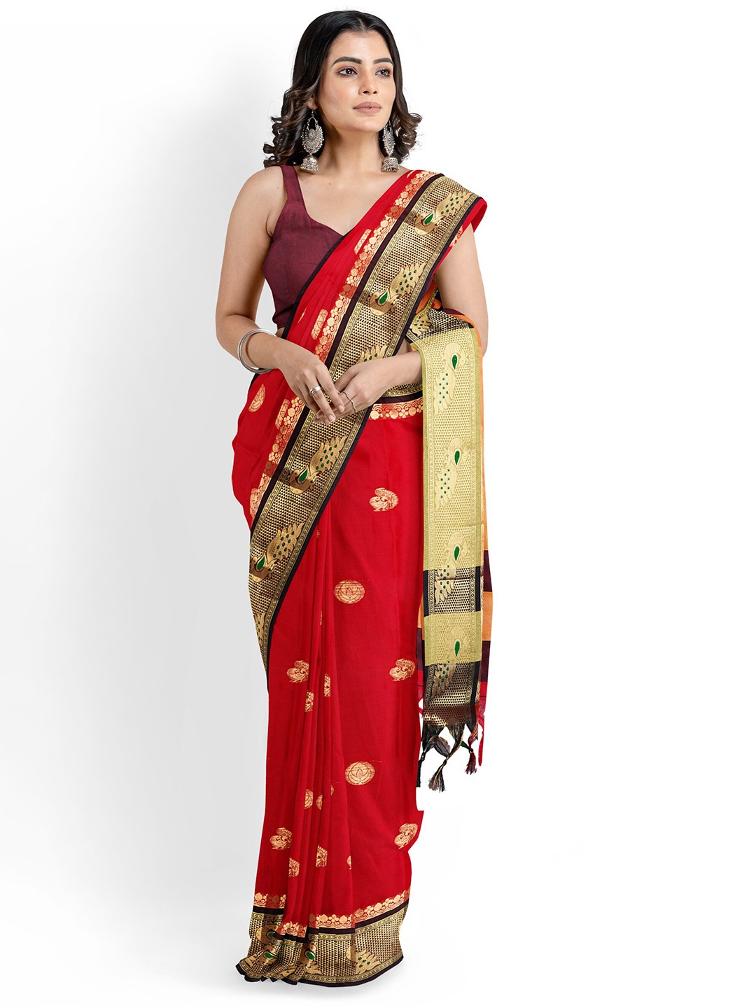 

KALINI Ethnic Motif Woven Design Zari Silk Cotton Paithani Saree, Red