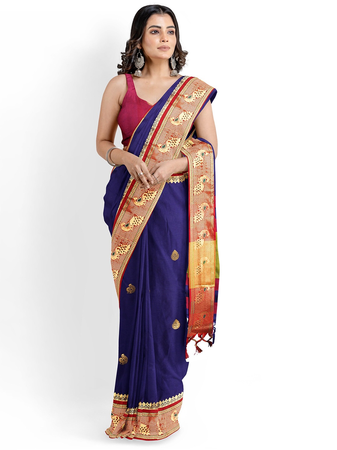 

KALINI Woven Design Zari Silk Cotton Paithani Saree, Navy blue