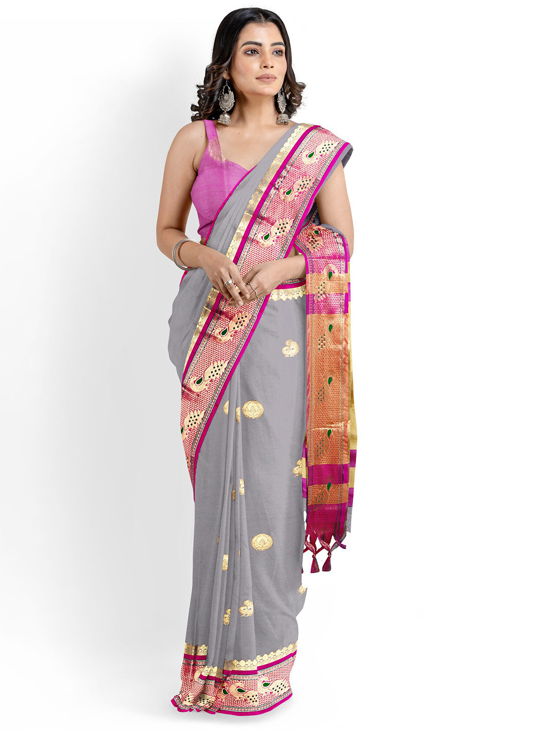 

KALINI Ethnic Motifs Woven Design Zari Silk Cotton Paithani Saree, Grey