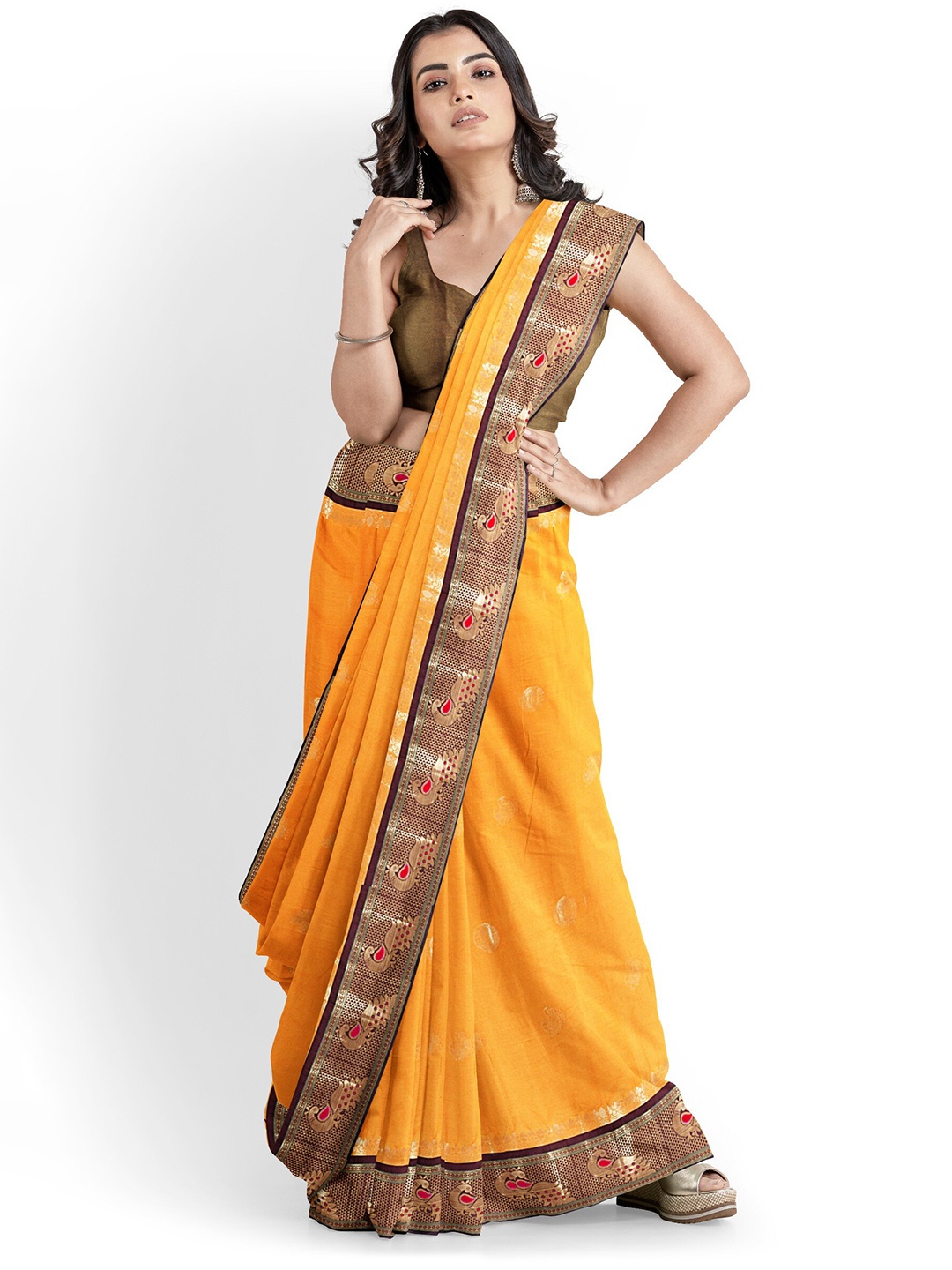 

KALINI Woven Design Zari Silk Cotton Paithani Saree, Yellow