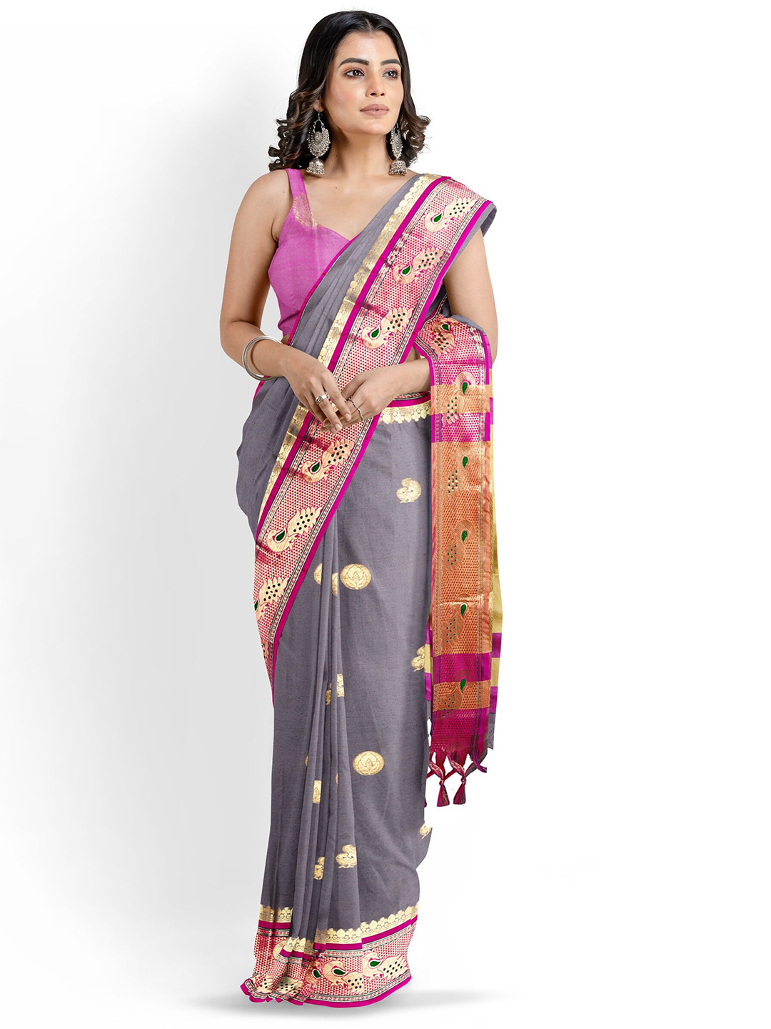 

KALINI Ethnic Motifs Woven Design Zari Silk Cotton Paithani Saree, Grey