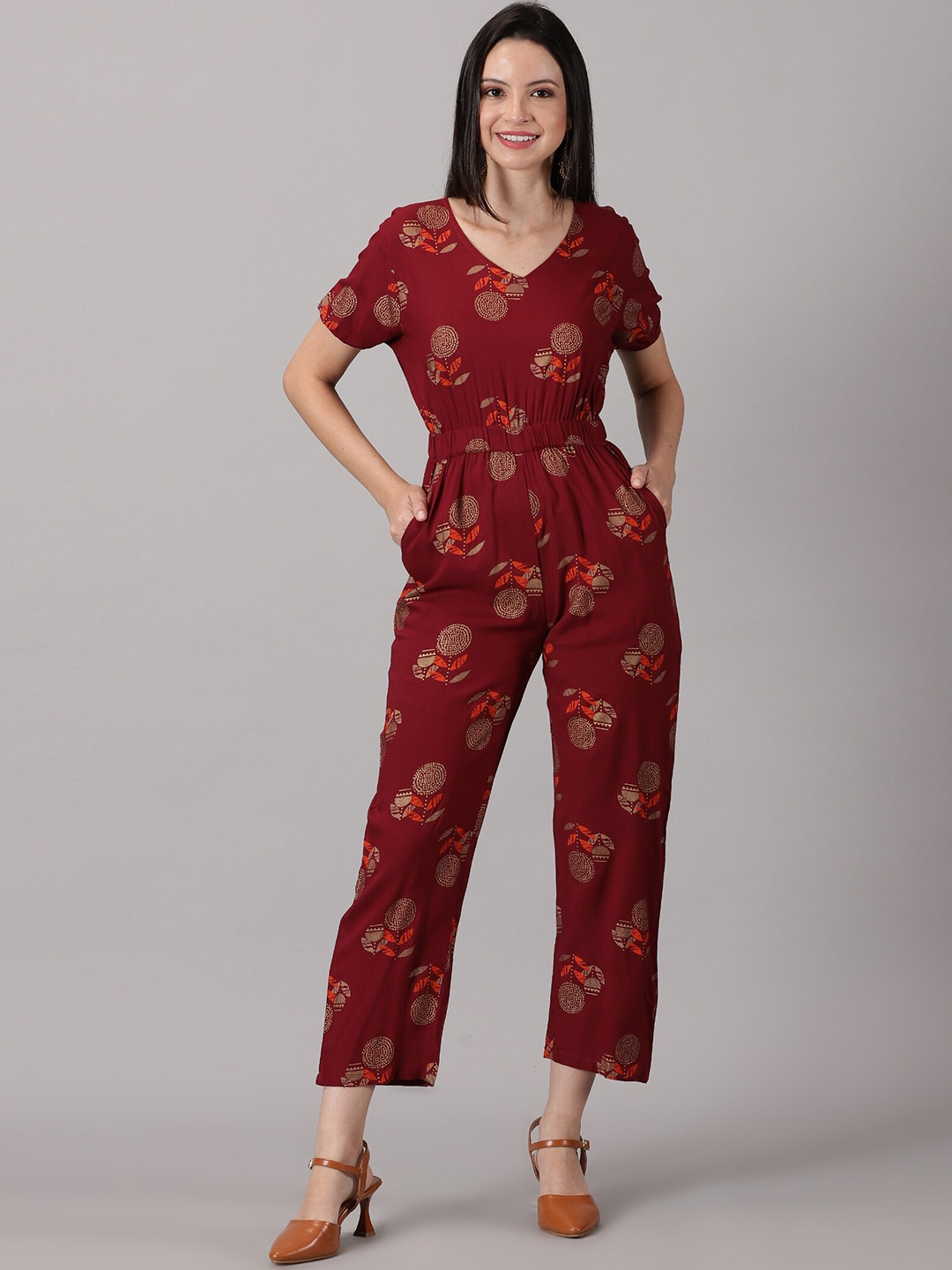 

PURSHOTTAM WALA Floral Printed Basic Jumpsuit, Maroon