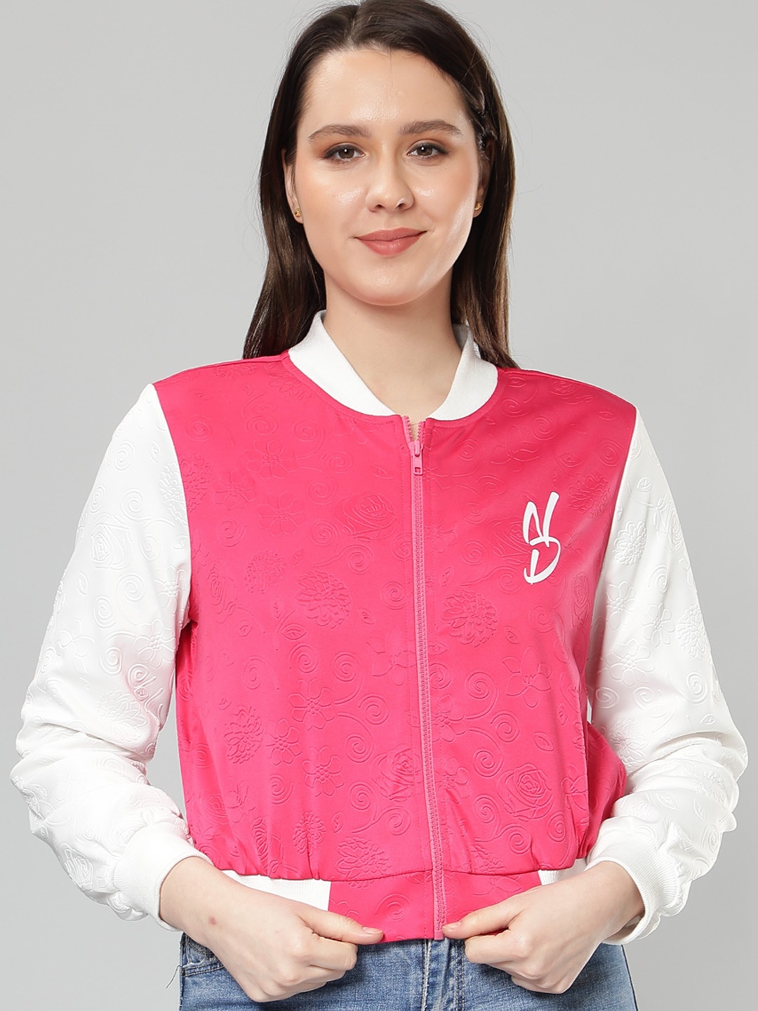 

NUEVOSDAMAS Stand Collar Bomber Jacket, Pink