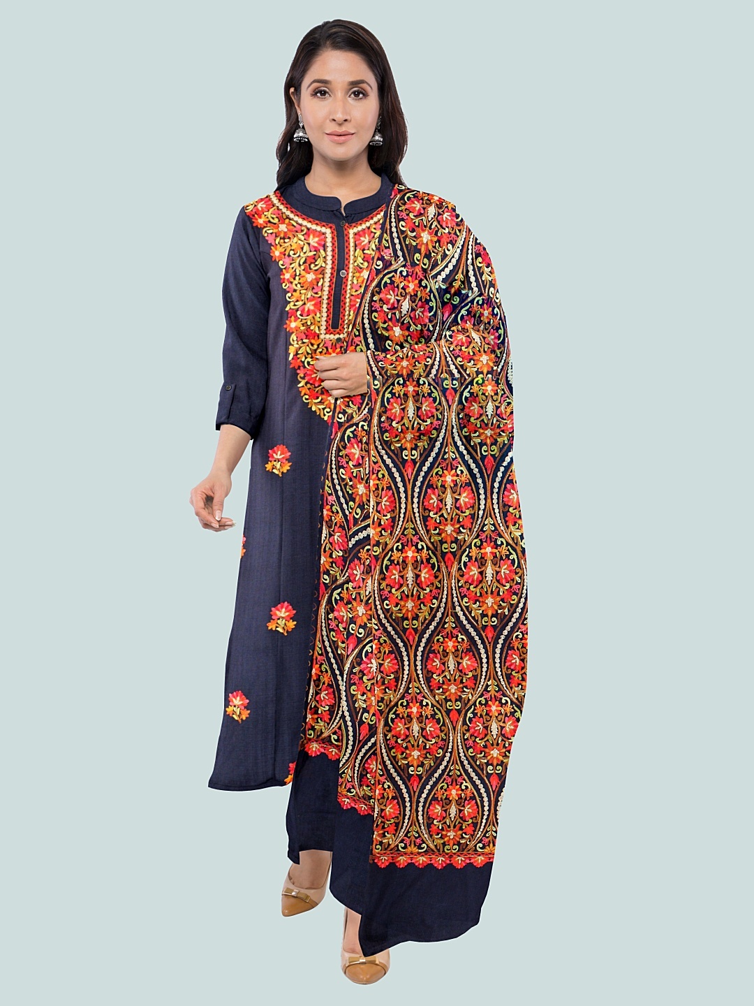 

CASMIR Embroidered Pashmina Unstitched Dress Material, Navy blue