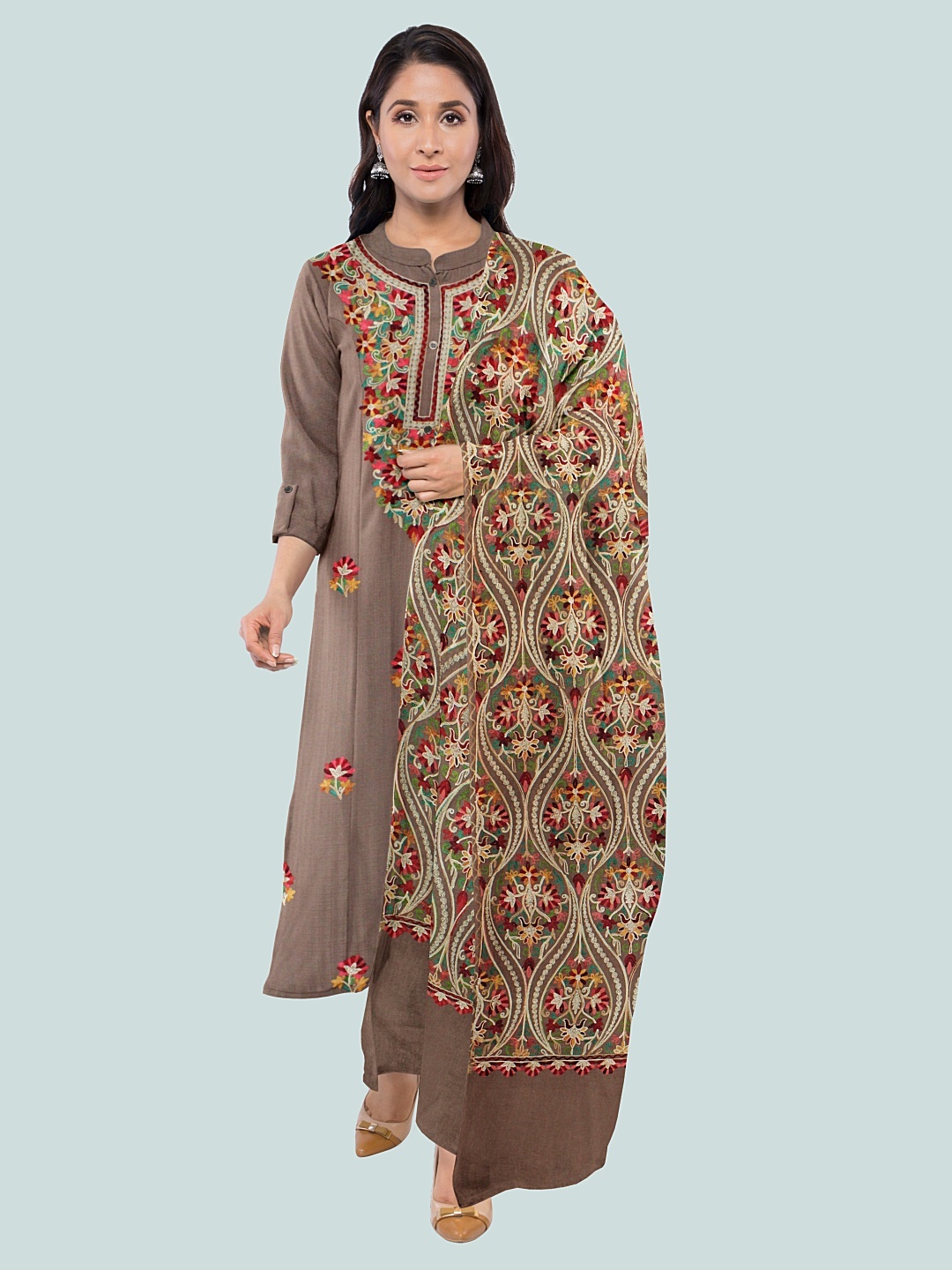 

CASMIR Embroidered Pashmina Unstitched Dress Material, Beige