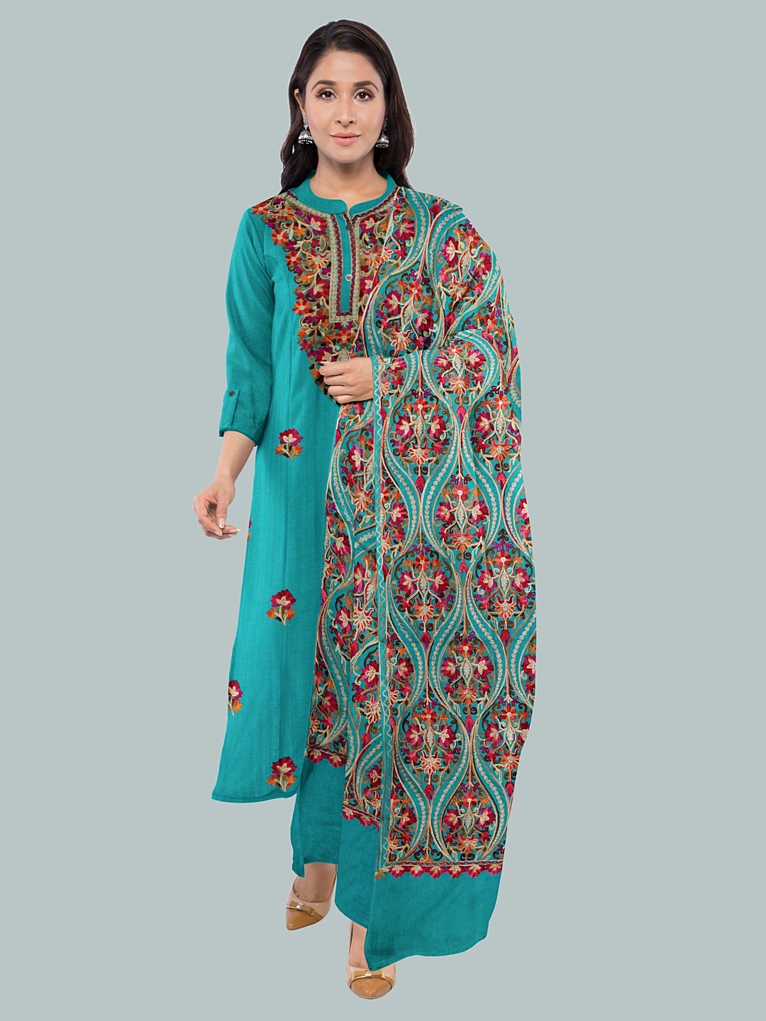 

CASMIR Embroidered Pashmina Unstitched Dress Material, Teal