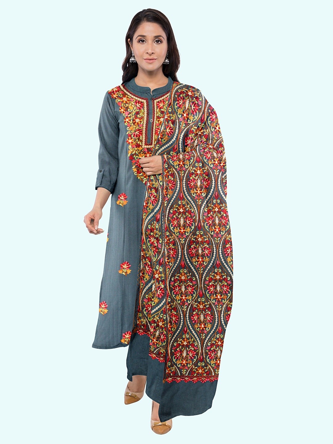 

CASMIR Floral Embroidered Unstitched Dress Material, Grey