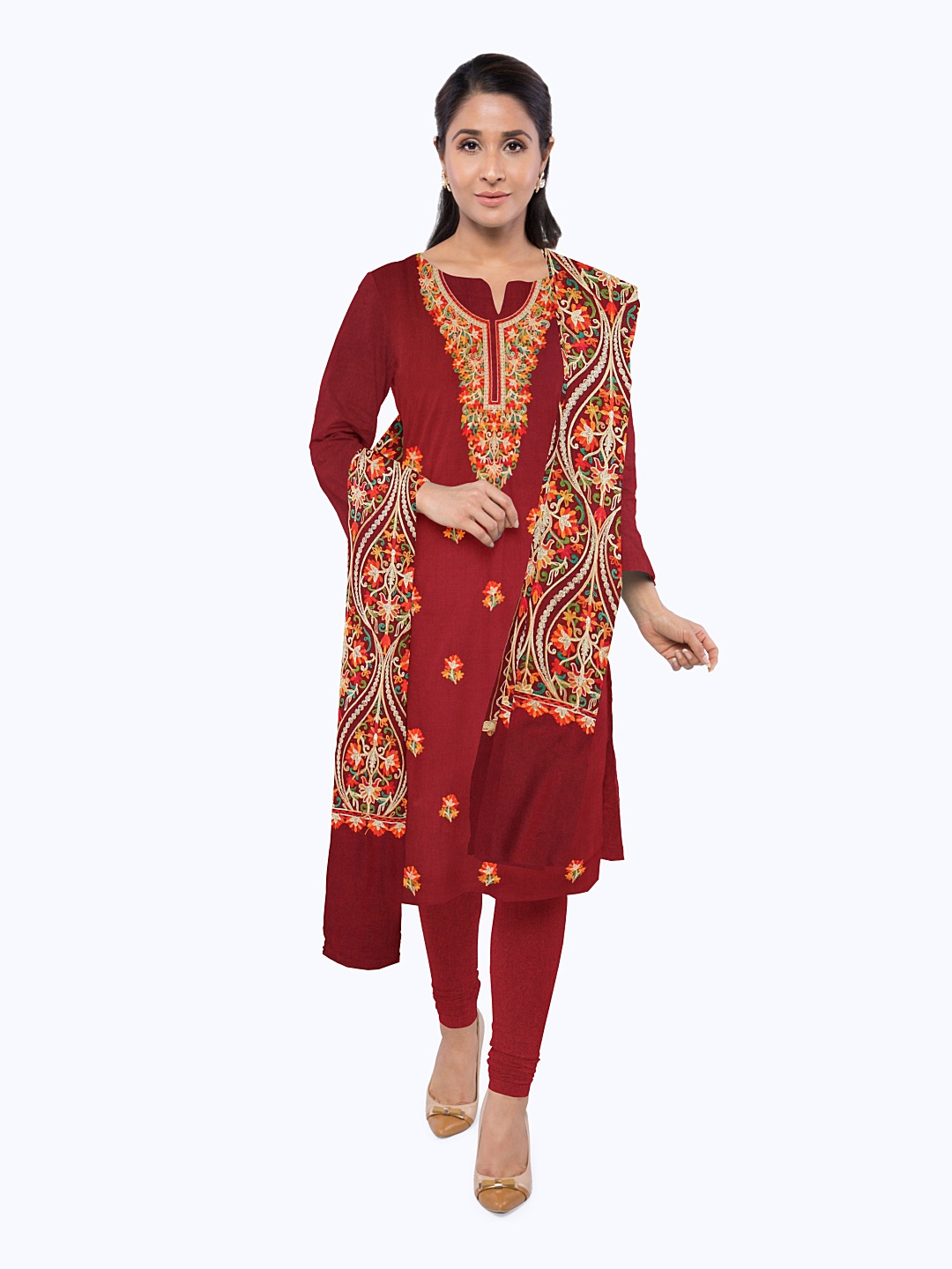 

CASMIR Ethnic Embroidered Unstitched Dress Material, Maroon