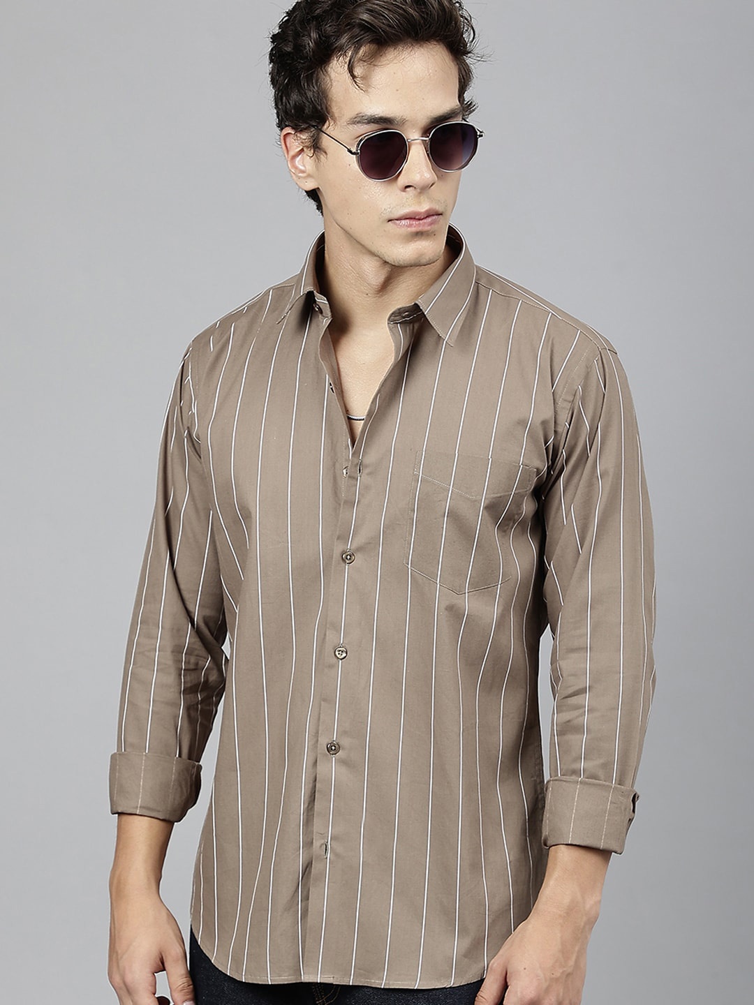 

Hancock Standard Slim Fit Opaque Striped Cotton Casual Shirt, Taupe