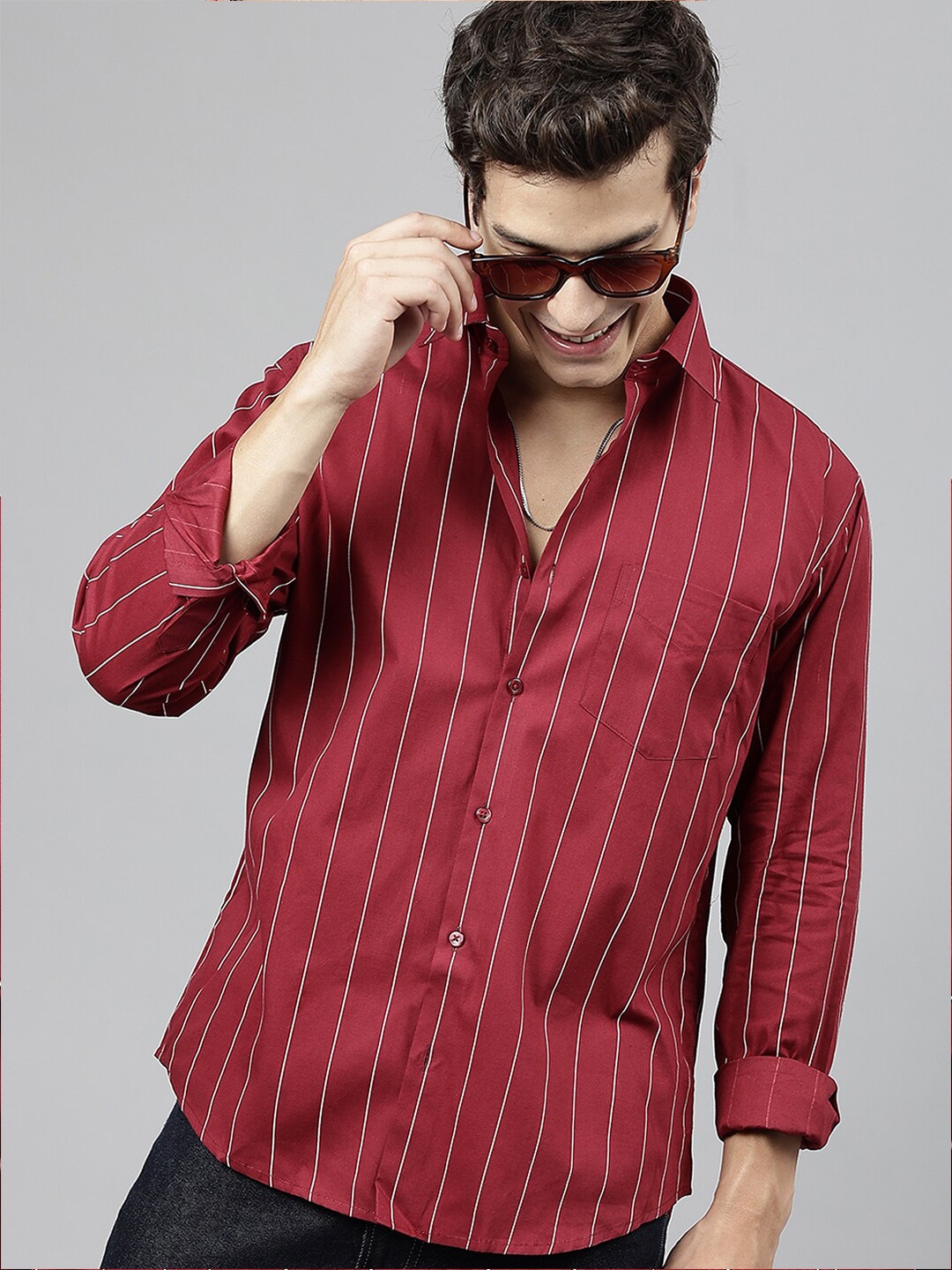 

Hancock Vertical Striped Standard Slim Fit Pure Cotton Shirt, Maroon